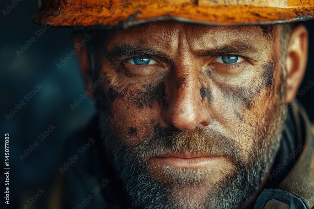 Portrait of bearded miner covered in grime while wearing safety helmet and looking straight at camera Portrait of bearded miner covered in grime while wearing safety helmet and looking straight at camera