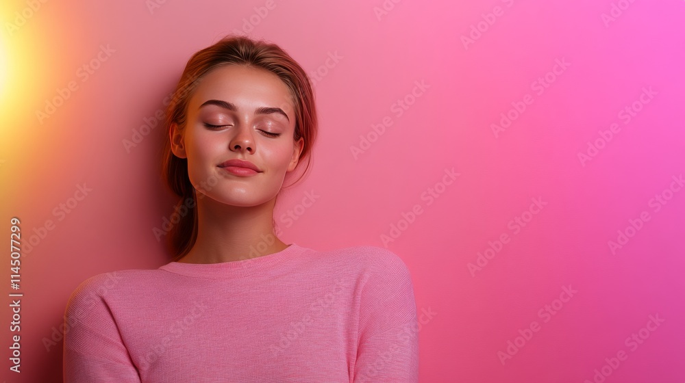 Serene young woman meditating with closed eyes in vibrant pink and orange lighting reflecting inner peace and mindfulness in a minimalist indoor setting Serene young woman meditating with closed eyes in vibrant pink and orange lighting reflecting inner peace and mindfulness in a minimalist indoor setting