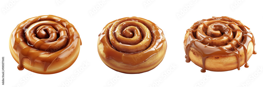 set of A 3D vector illustration of a delicious cinnamon roll with caramel drizzle , PNG format Transparent Background set of A 3D vector illustration of a delicious cinnamon roll with caramel drizzle , PNG format Transparent Background