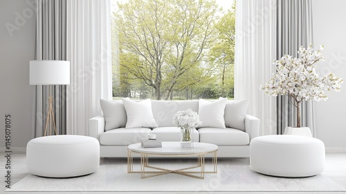 Modern white living room with large window, sofa, and decorative plants.