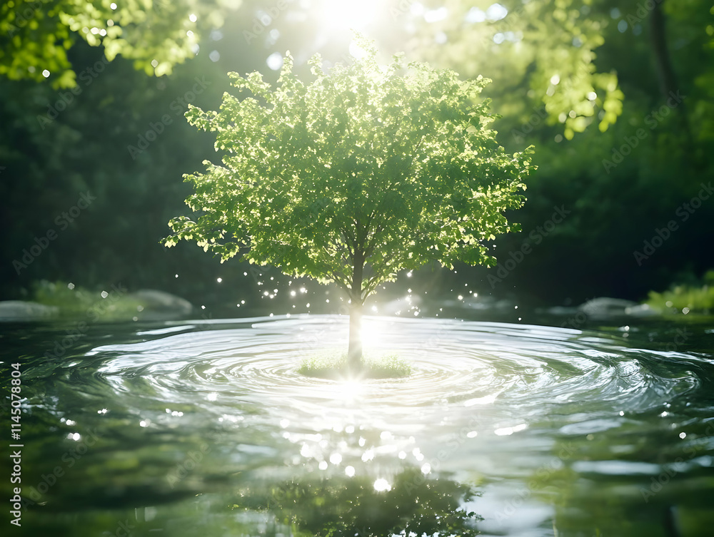 Green Tree Stands in Water with Ripples Reflecting Sunlight with Forest Background and Nature Conservation Theme or Environmental Awareness Theme. Green Tree Stands in Water with Ripples Reflecting Sunlight with Forest Background and Nature Conservation Theme or Environmental Awareness Theme.