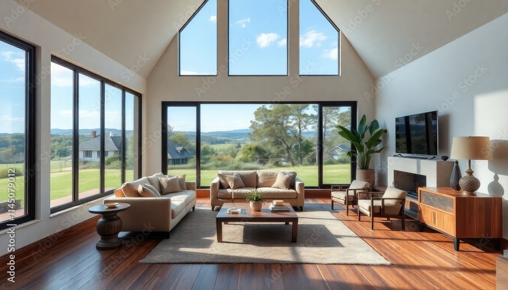 A villa living room with reclaimed wooden skirting boards, comfortable seating, and large floor-to-ceiling windows that open up to scenic views A villa living room with reclaimed wooden skirting boards, comfortable seating, and large floor-to-ceiling windows that open up to scenic views