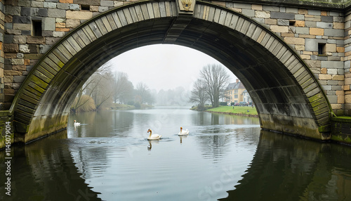 Wallpaper Mural Flowing tranquility under the arch of a historic stone bridge on a misty river morning Torontodigital.ca
