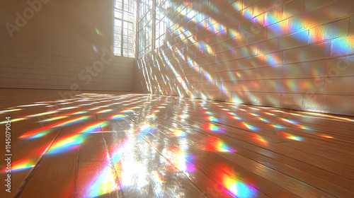 Sunlight refracting through a window onto a wood floor and brick wall, creating a rainbow effect.