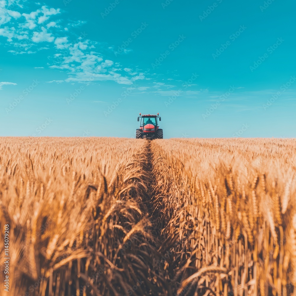 Fototapeta premium A tractor working in a golden wheat field under a clear blue sky.
