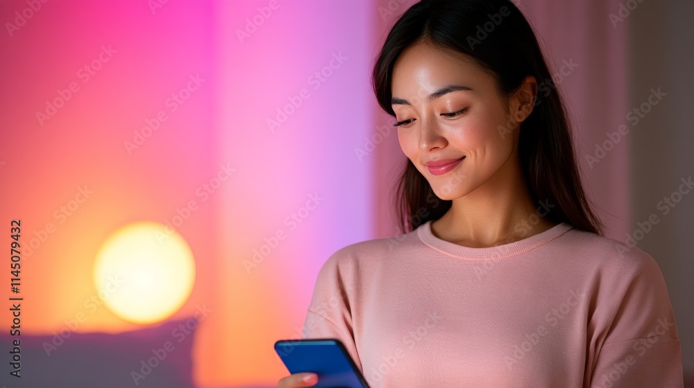 Relaxed young woman sitting in a softly lit modern interior holding a smartphone with warm pink tones and glowing ambient light creating a calming atmosphere Relaxed young woman sitting in a softly lit modern interior holding a smartphone with warm pink tones and glowing ambient light creating a calming atmosphere