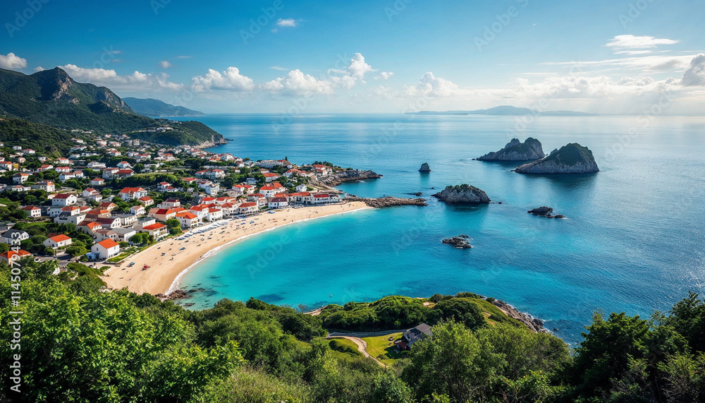 Fototapeta premium Scenic coastal view of a serene beach with clear blue waters and rocky formations under a bright sky
