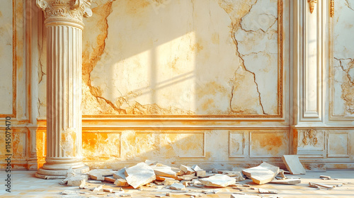 Obraz na plátne Sunlit crumbling classical interior wall with column and debris.