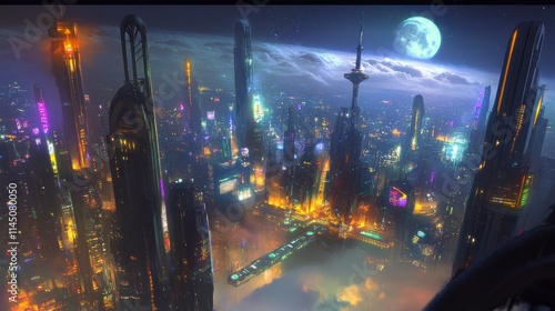 Futuristic Cityscape at Night with Glowing Skyscrapers, Neon Lights, and a Full Moon Illuminating the Vibrant Urban Skyline