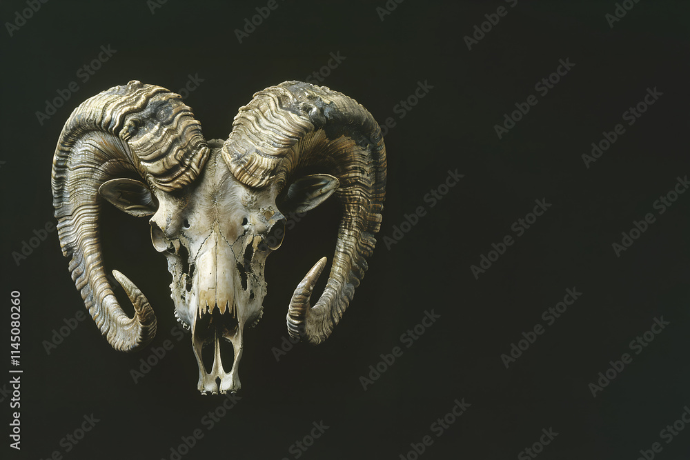 Animal skull with horns on dark background. Wildlife concept. For design, print, banner. Copy space. Animal skull with horns on dark background. Wildlife concept. For design, print, banner. Copy space.