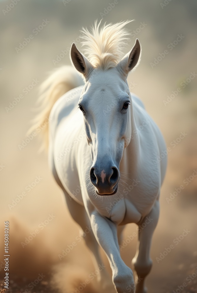Obraz premium Um cavalo branco correndo em direção à câmera, no fundo, a poeira levantada pelo animal.