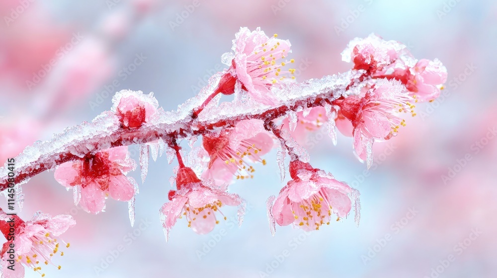 Delicate pink blossoms frozen on a branch, icy winter scene. Delicate pink blossoms frozen on a branch, icy winter scene.