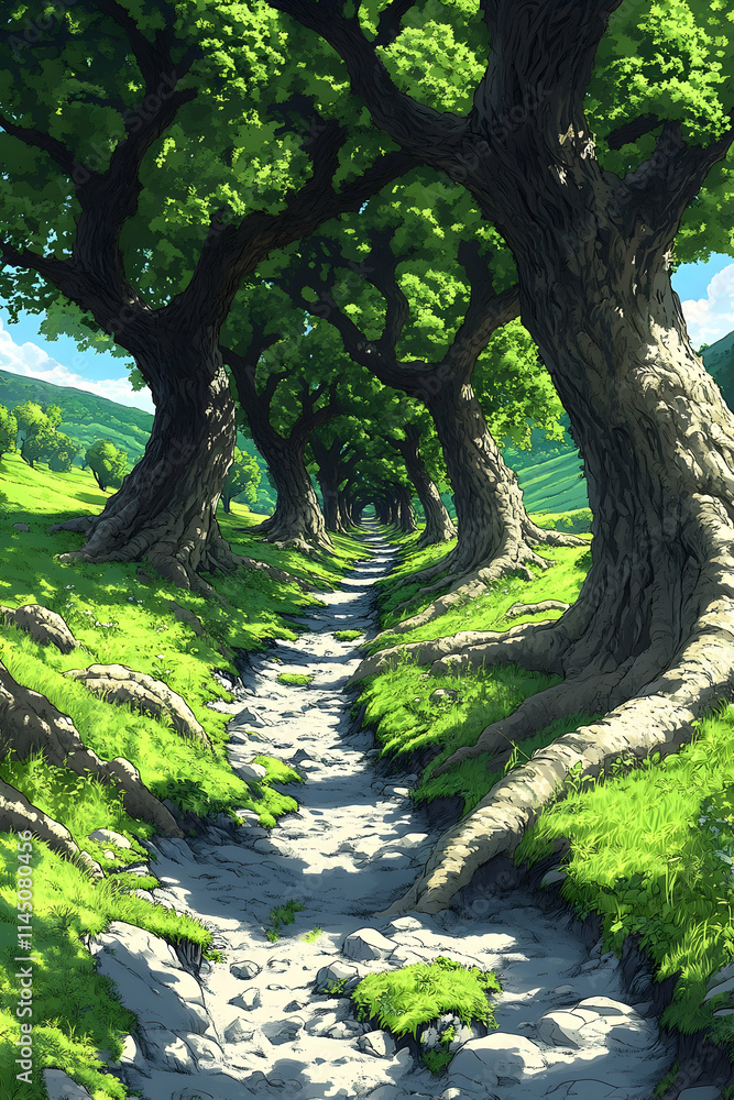 Sunlit path through lush green tree tunnel. Sunlit path through lush green tree tunnel.