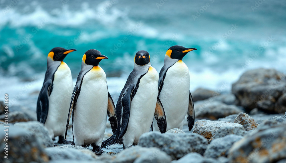 Fototapeta premium Group of king penguins standing on rocky shore by the ocean with waves crashing in the background during a cloudy day