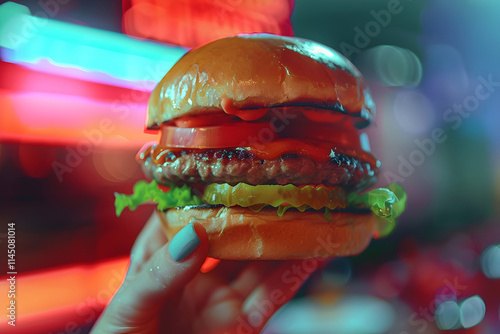 Hand holds hamburger with tomato and pickles. Fast food concept. For menu, poster, advertising. Close up. photo