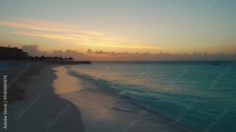 Fototapeta premium Serene Beach Sunset Over Calm Ocean Waves with Soft Clouds and Tranquil Atmosphere, Ideal for Relaxation and Vacation Imagery