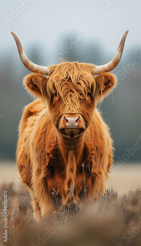 Highland cattle with long horns. Animal photography. Farm animal concept, for design, print. Portrait view. photo