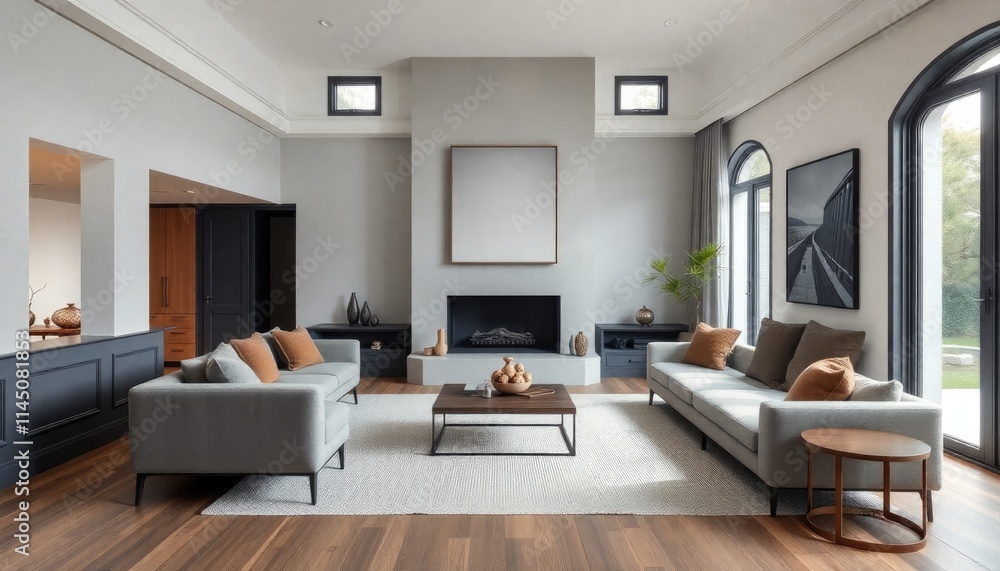 A villa living room with dark, matte skirting boards, minimalist furniture A villa living room with dark, matte skirting boards, minimalist furniture