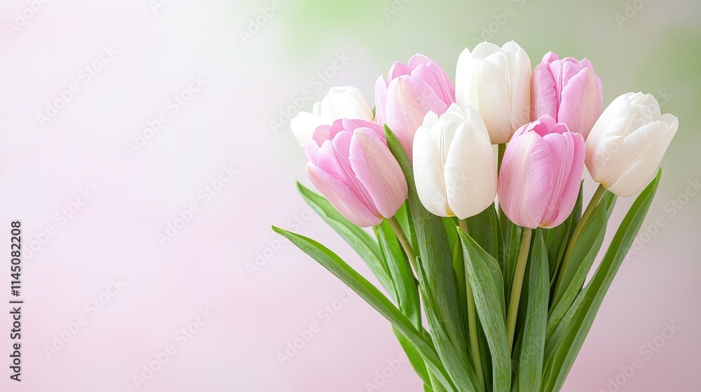 Pink and white tulips bouquet on soft background. Pink and white tulips bouquet on soft background.