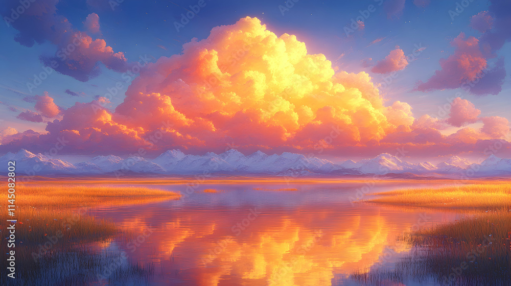 Naklejka premium Sunset over calm lake reflecting vibrant clouds and snow-capped mountains.