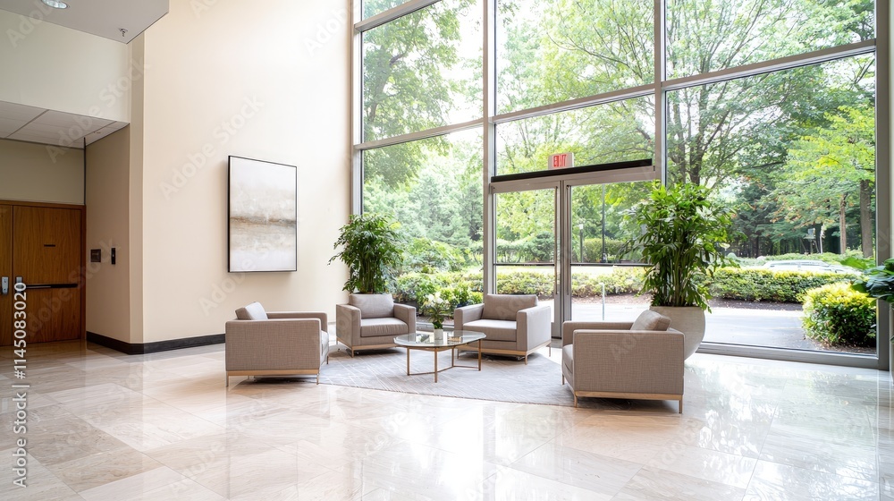 Modern office lobby with seating area, large windows, and artwork. Modern office lobby with seating area, large windows, and artwork.