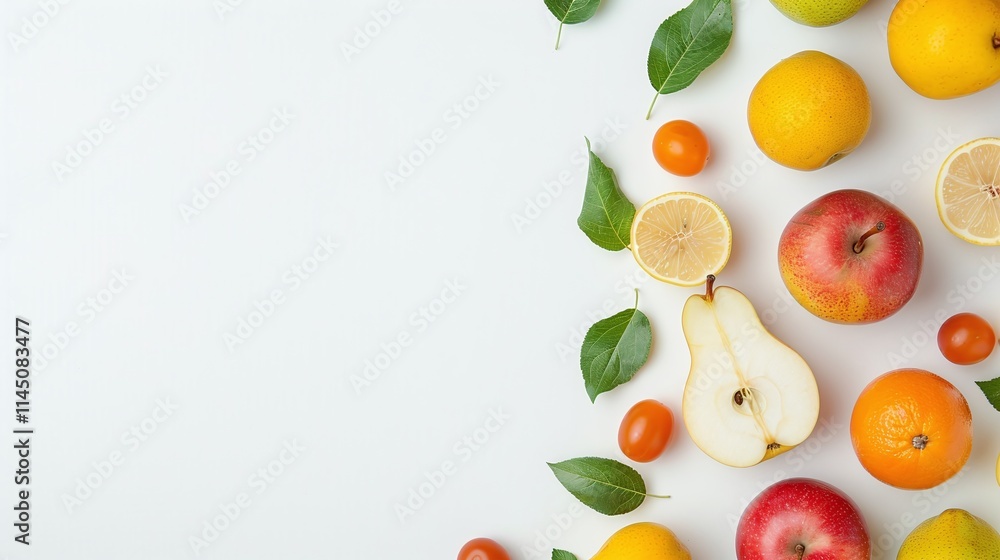 Assortment of fresh fruits including pears, apples, oranges, lemons, and cherry tomatoes with green leaves on a white background, minimalistic and clean composition, isolated with copy space for text, Assortment of fresh fruits including pears, apples, oranges, lemons, and cherry tomatoes with green leaves on a white background, minimalistic and clean composition, isolated with copy space for text,
