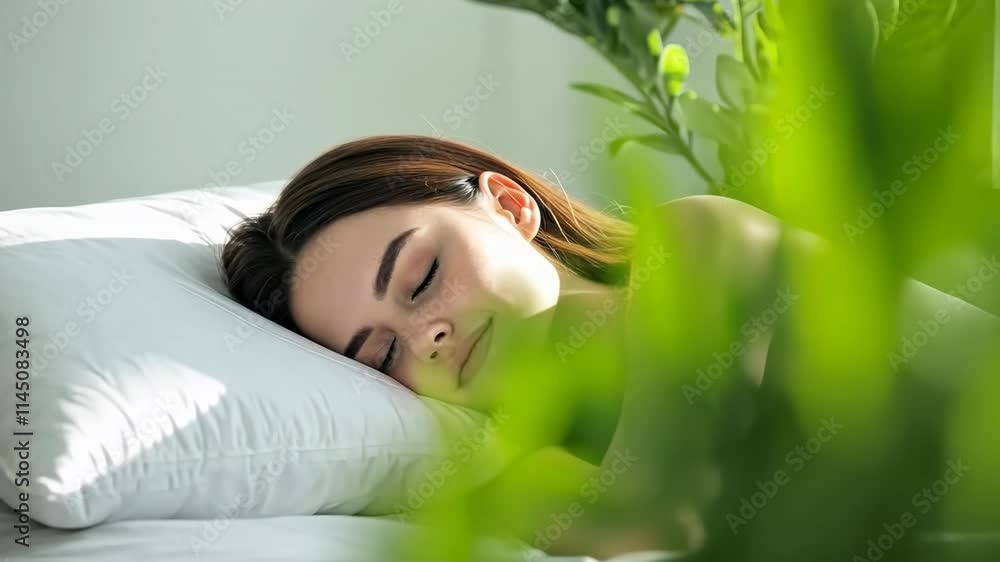 Young woman sleeping in bed. Caucasian attractive girl hugging soft white pillow. Happy Lady enjoys fresh soft bedding linen, mattress in bedroom lying closed eyes. Good sleep concept. Sunny morning. Young woman sleeping in bed. Caucasian attractive girl hugging soft white pillow. Happy Lady enjoys fresh soft bedding linen, mattress in bedroom lying closed eyes. Good sleep concept. Sunny morning.