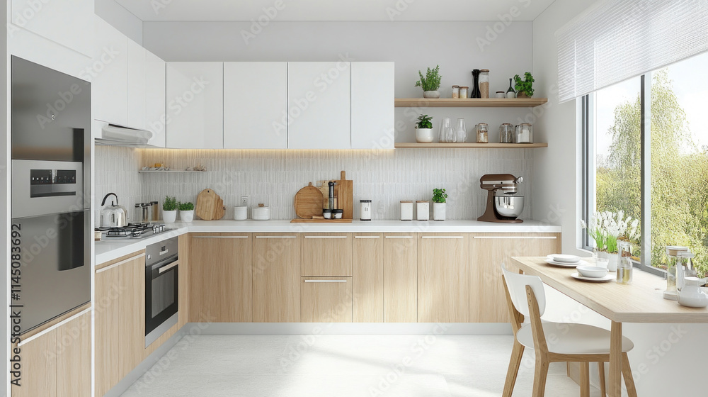 Fototapeta premium Modern and minimalist kitchen design showcasing natural light and functionality