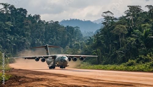 Fototapeta Naklejka Na Ścianę i Meble -  Military transport aircraft landing on a dirt airstrip in the jungle