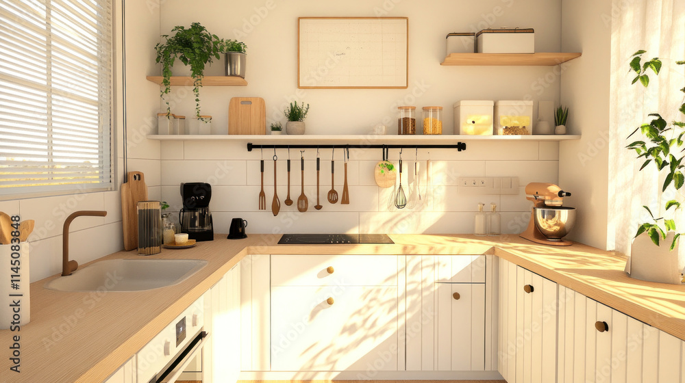 Sun shining into modern, bright kitchen with hanging utensils Sun shining into modern, bright kitchen with hanging utensils