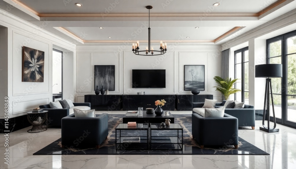 A villa living room with black marble skirting boards, statement furniture pieces, and contemporary light fixtures for a luxurious and bold look A villa living room with black marble skirting boards, statement furniture pieces, and contemporary light fixtures for a luxurious and bold look
