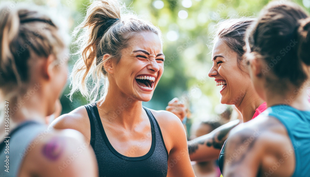 Group of female athletes laughing together after training outdoors Group of female athletes laughing together after training outdoors