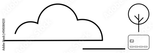 Large cloud next to a tree and chip card. Ideal for technology, finance, environmental sustainability, clean design, minimalist artwork, digital solutions, modern connectivity themes. Line metaphor