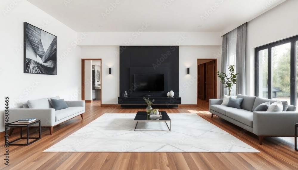 A villa living room with contemporary wooden skirting boards, sleek minimalist furniture, and an open floor plan for an airy A villa living room with contemporary wooden skirting boards, sleek minimalist furniture, and an open floor plan for an airy