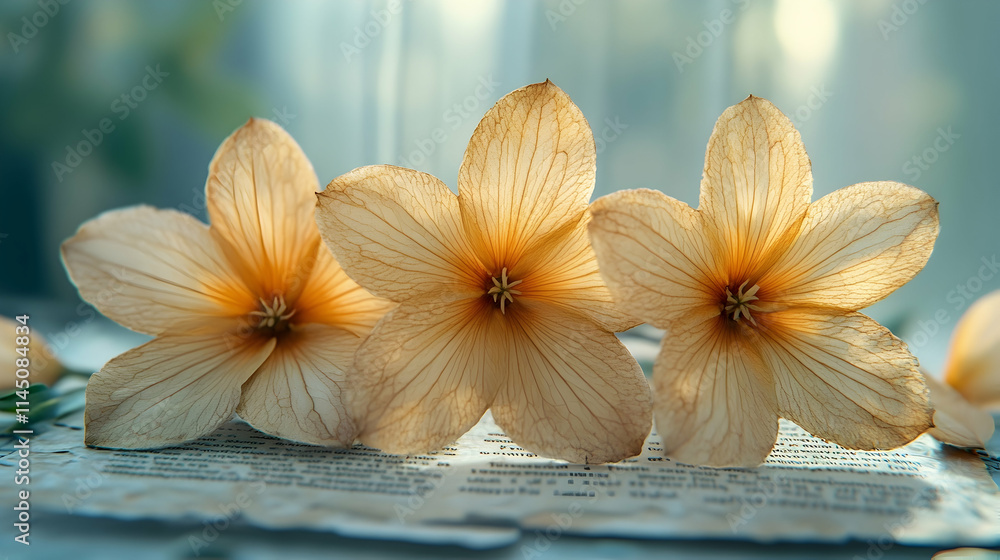 Three pale yellow flowers on aged newspaper. Three pale yellow flowers on aged newspaper.