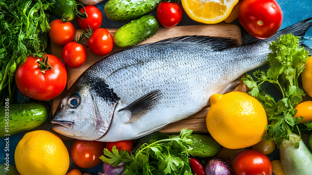 A healthy food background featuring an array of vegetables and fish. A healthy food background featuring an array of vegetables and fish.