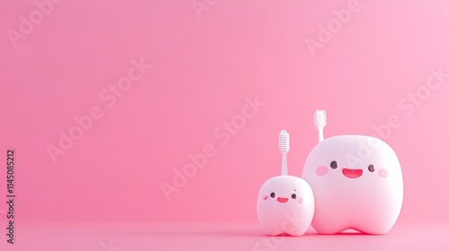 Cute and Playful Dental Care Characters With Toothbrushes on a Pink Background Designed for Children's Oral Hygiene