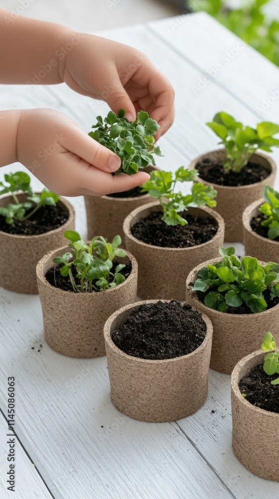 A young girl sows seeds into peat paper pots on a white wooden table, engaging in a hands-on gardening activity that promotes sustainability A young girl sows seeds into peat paper pots on a white wooden table, engaging in a hands-on gardening activity that promotes sustainability