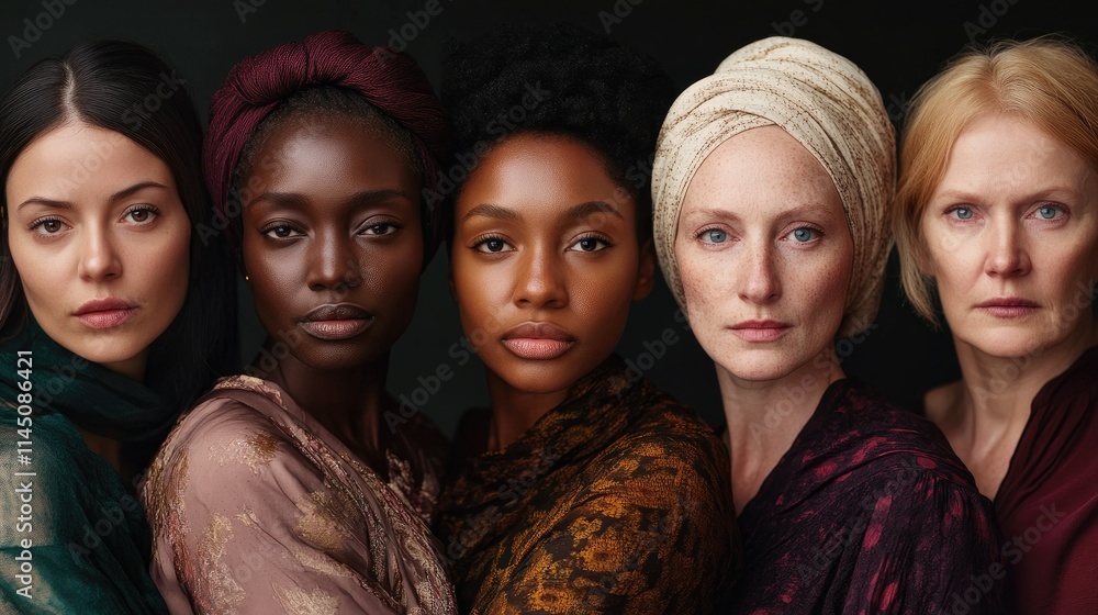Portrait of multiracial females with different age standing together in profile. International women's day banner, 8 march background, girls power poster. Diversity concept.
Portrait of multiracial females with different age standing together in profile. International women's day banner, 8 march background, girls power poster. Diversity concept.