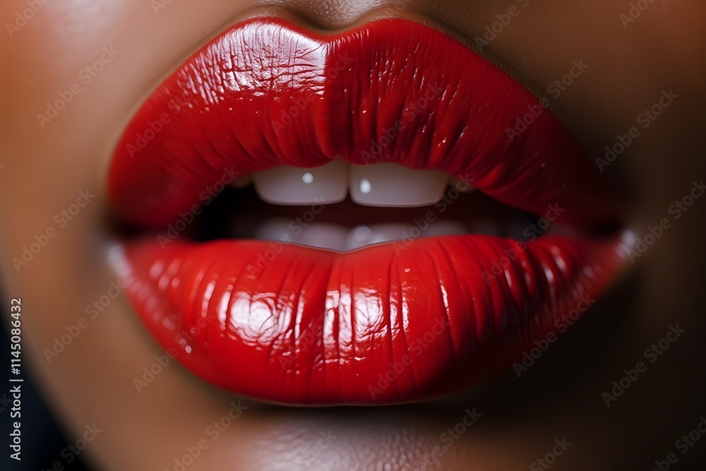 Fototapeta premium Close-up of african female lips with glossy red lipstick