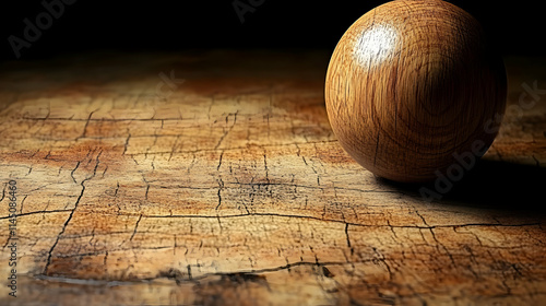 A wooden sphere on a textured surface.