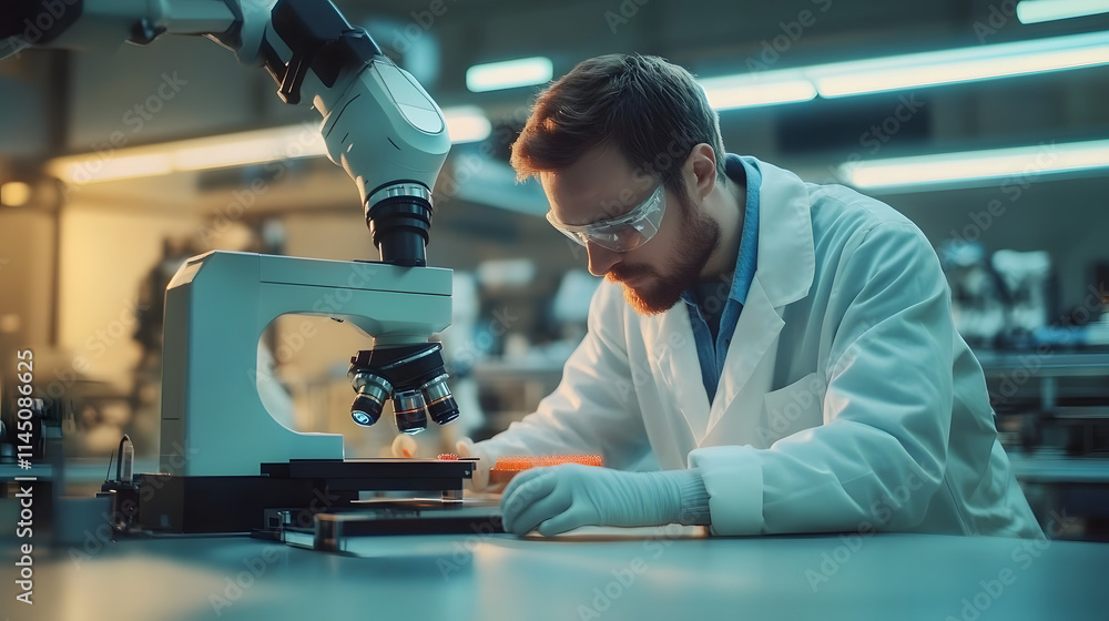 A scientist in a lab coat examines a sample under a microscope while an industrial robot arm works in the background. A scientist in a lab coat examines a sample under a microscope while an industrial robot arm works in the background.