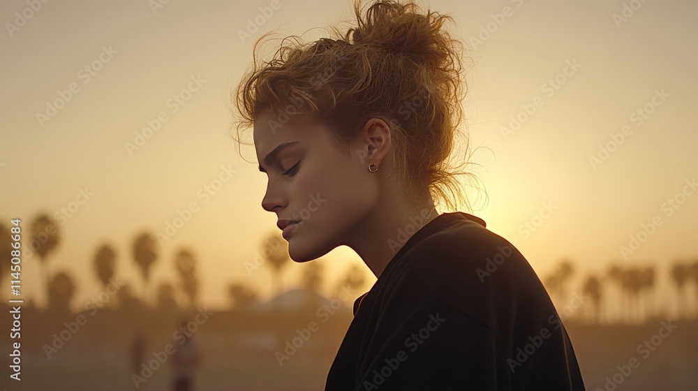 Pensive woman in silhouette against a hazy sunset sky evoking a sense of introspection and serenity as the golden light filters through the autumn horizon Pensive woman in silhouette against a hazy sunset sky evoking a sense of introspection and serenity as the golden light filters through the autumn horizon