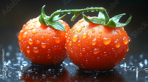 Two ripe cherry tomatoes with water droplets on a dark background.