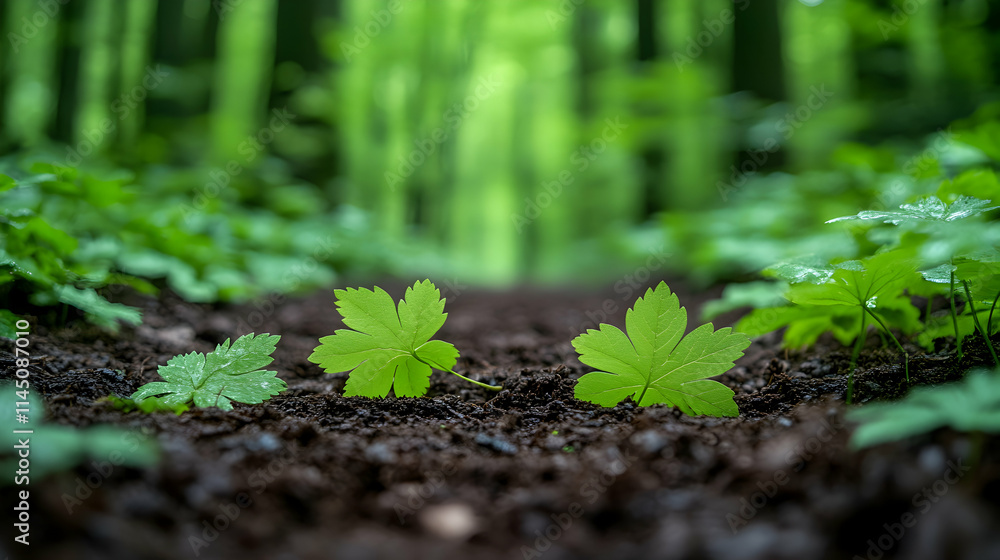 Two young green plants sprout from dark soil on a path through a lush green forest. Two young green plants sprout from dark soil on a path through a lush green forest.