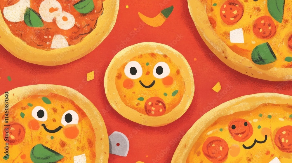 Happy faces on mini pizzas with various toppings on red background. Happy faces on mini pizzas with various toppings on red background.