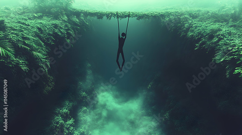 Underwater diver hangs from a submerged rock formation, silhouetted against the murky green water.