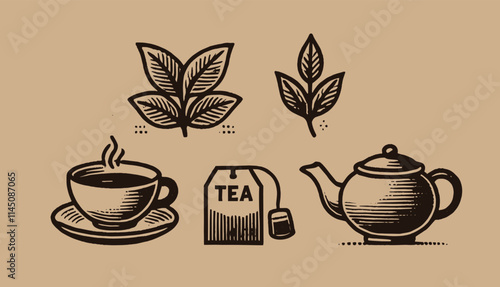 Minimalist tea icons in bold lines on beige background