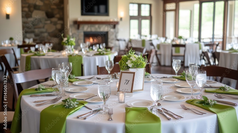 Elegant wedding reception tablescape with green linens, floral centerpieces, and place settings in a spacious venue. Elegant wedding reception tablescape with green linens, floral centerpieces, and place settings in a spacious venue.