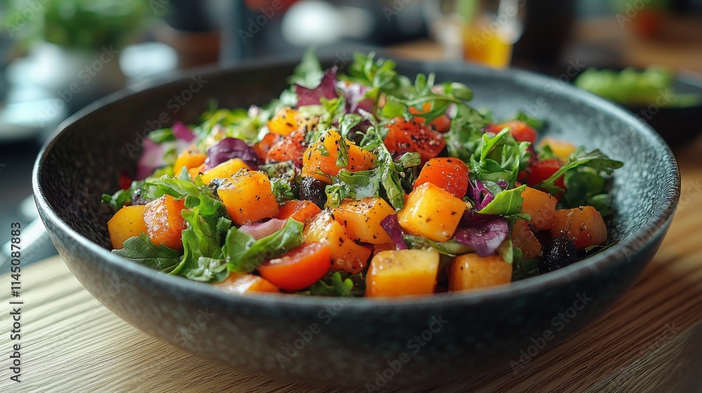 Fresh salad with colorful vegetables, perfectly styled on a wooden table, bright and vibrant. Fresh salad with colorful vegetables, perfectly styled on a wooden table, bright and vibrant.